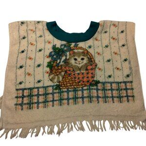 Vintage Baby Bib Cambridge Kitty Cat Basket Fringe White Cotton Terry Cloth